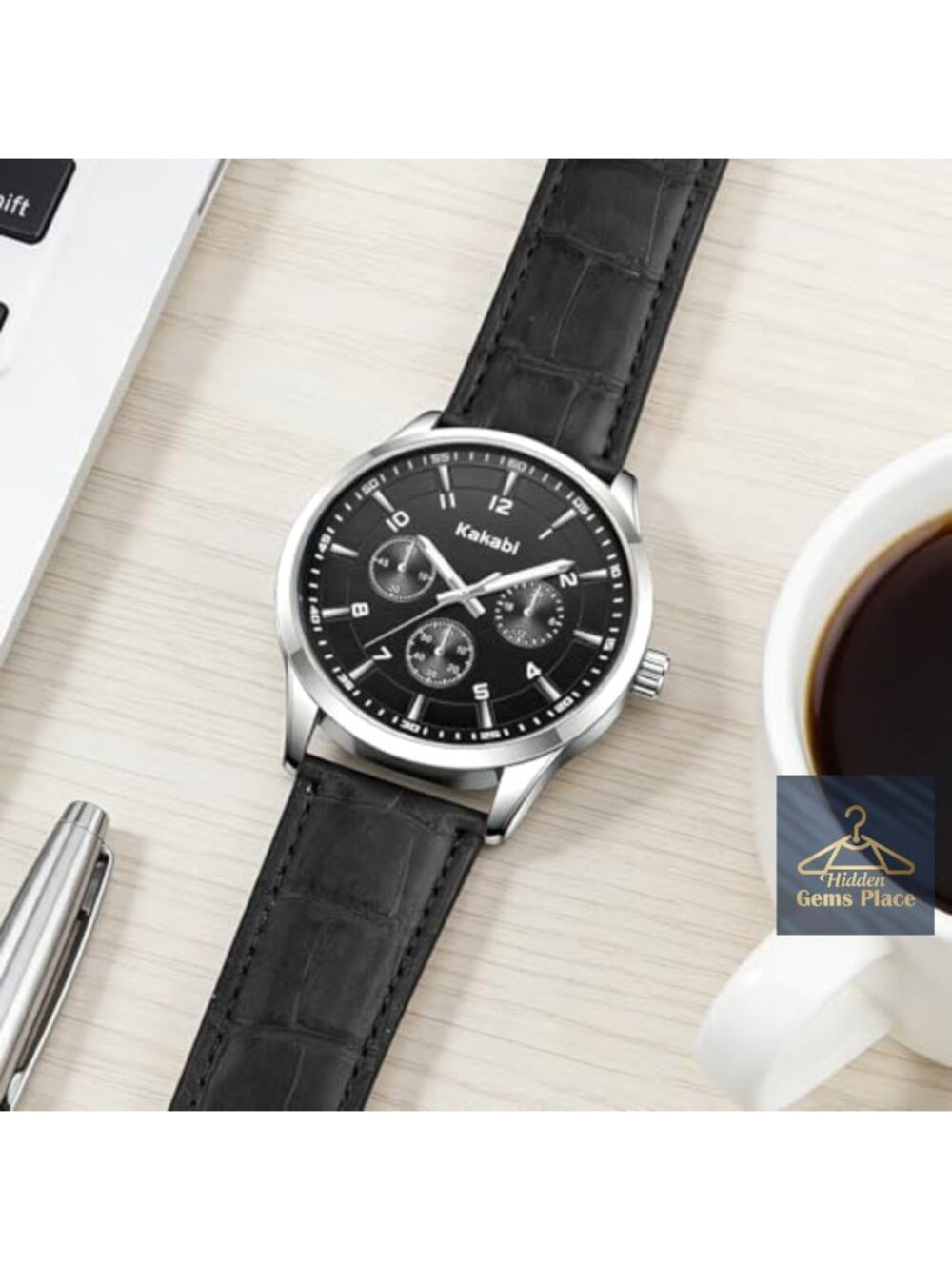 Men's 45mm Quartz Watch with Leather Strap - Picture 6 of 6